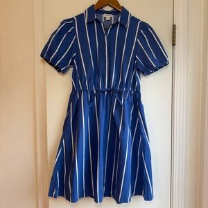 J Crew Blue White Stripe Shirt Dress Puff Sleeve Drawstring Waist Size 0
